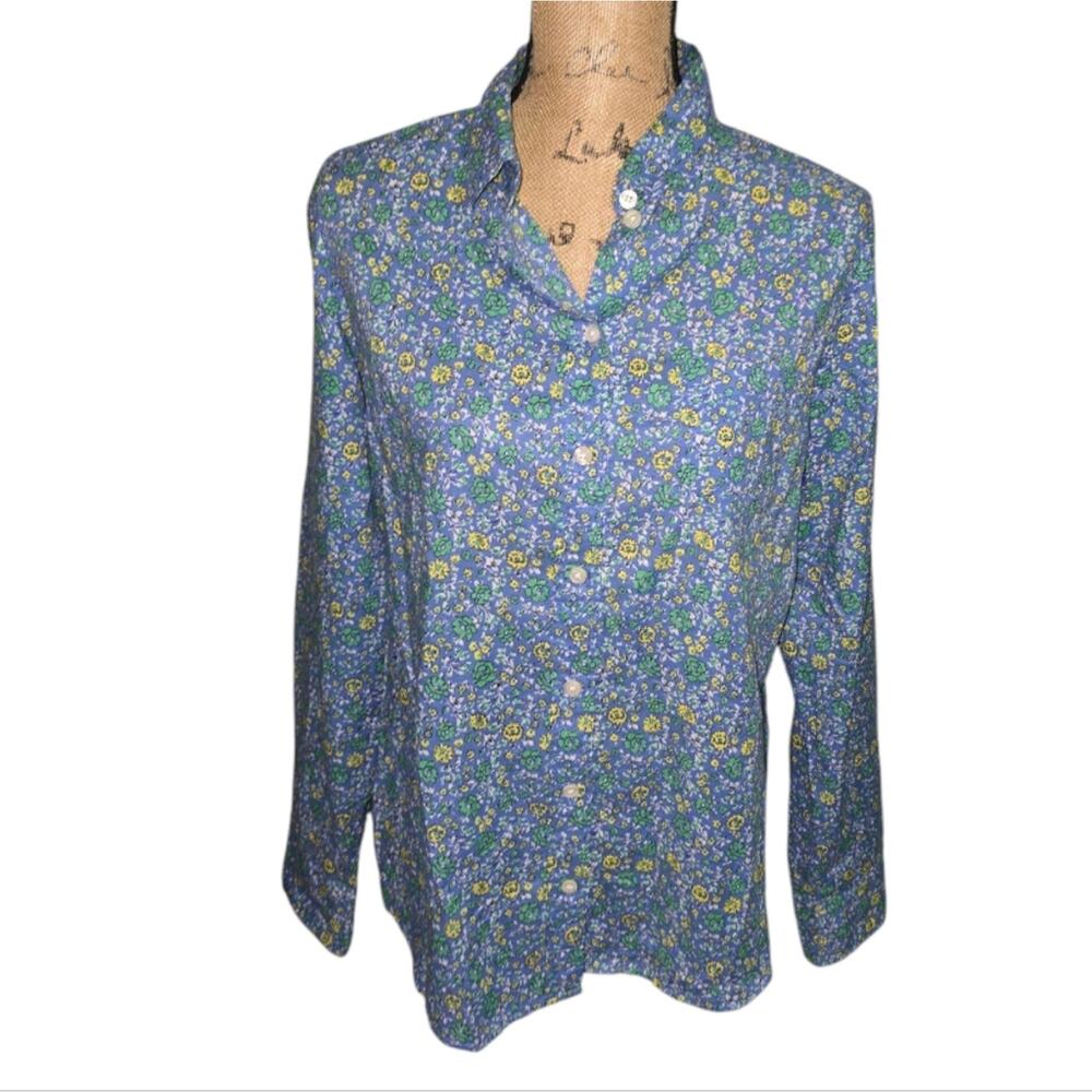 J. Crew Blue Yellow Ditsy Floral Button-Up Shirt Women's Size Medium